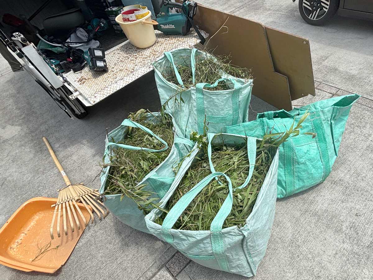石巻市渡波地区のお庭草刈り作業中、竹製鬼熊手と箕(ちりとり)を使って集めた雑草をガーデンバッグへ袋詰めする様子